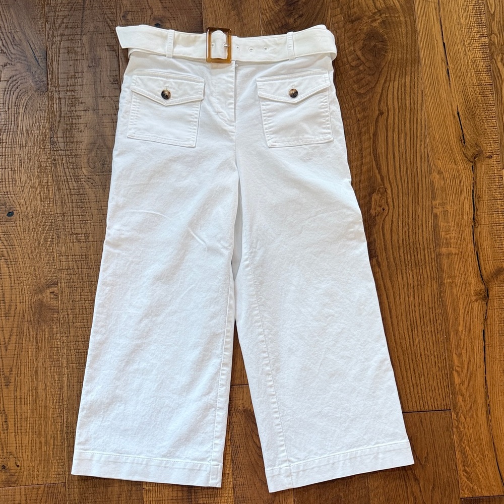 LOFT White Wide-Leg Cropped Belted Pants
